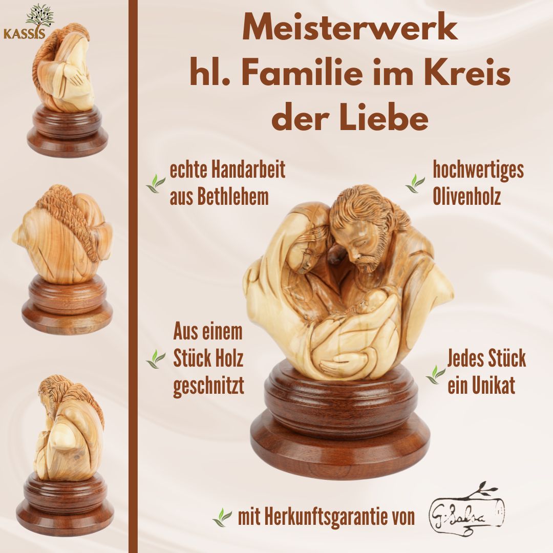 Holy Family in a circle of love – Hand-carved olive wood sculpture from Bethlehem (21 cm)
