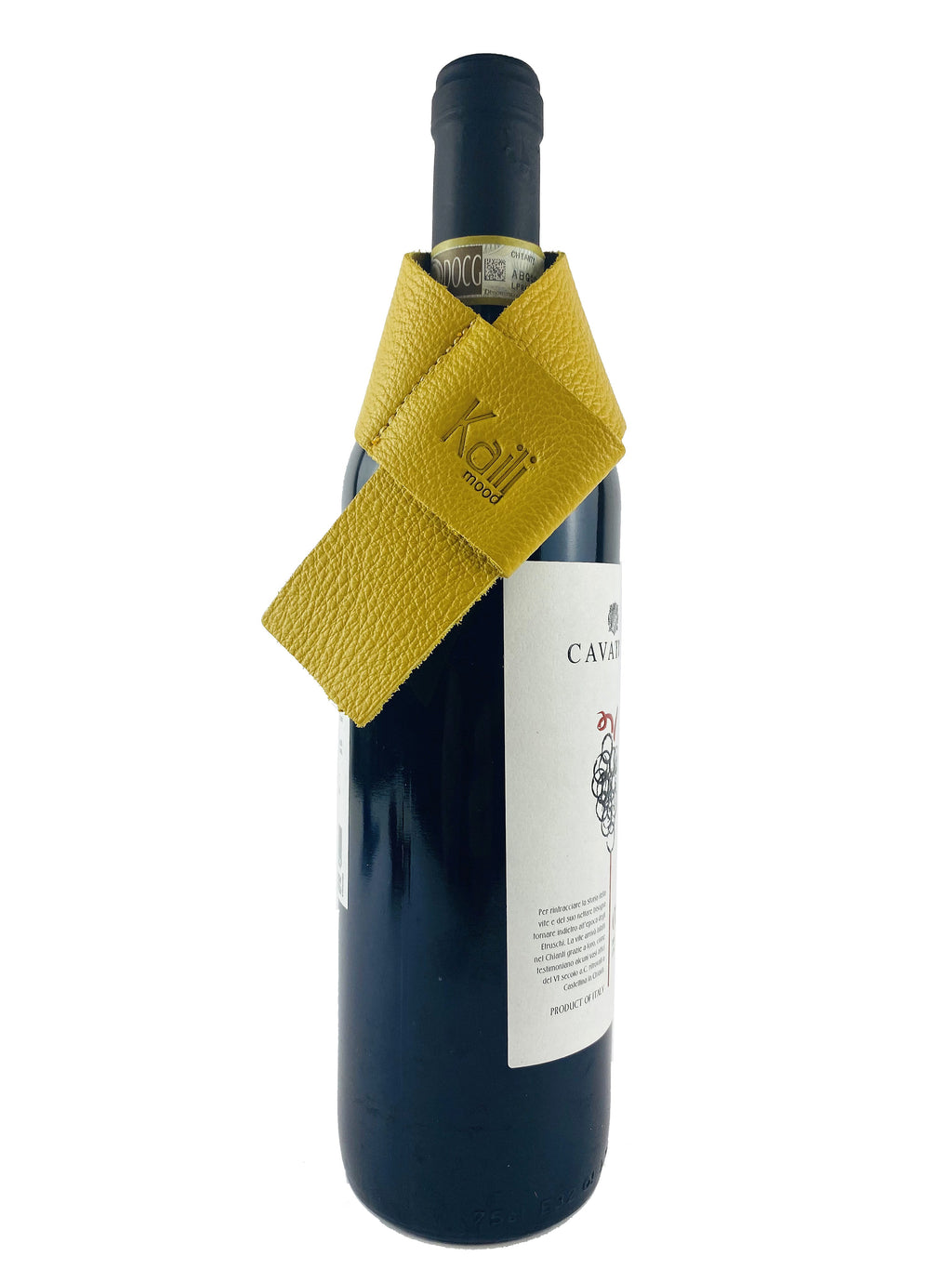 K0010RB | Bottle saver Made in Italy from genuine full grain leather, dollar grain - Yellow color. Dimensions: 27 x 4 x 0.5 cm.  Packaging: rigid bottom/cover Gift Box