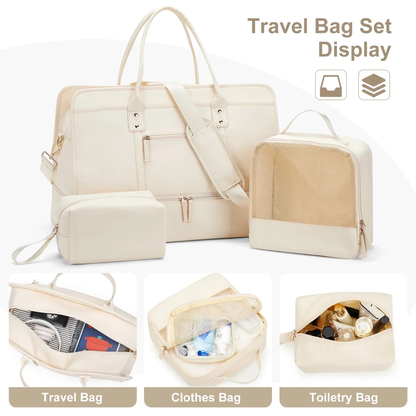 Luggage Travel Bag with Clothes and Toiletry Bag (Beige)