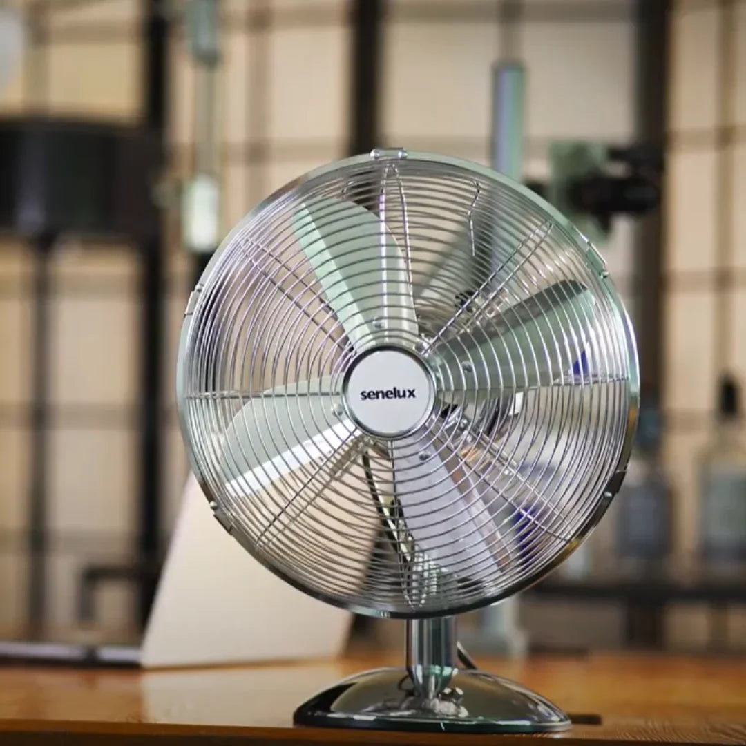 Senelux 12 inch Chrome Desk Fan; Great for Home Cooling and Comfort in Bedrooms, Living Rooms and Offices