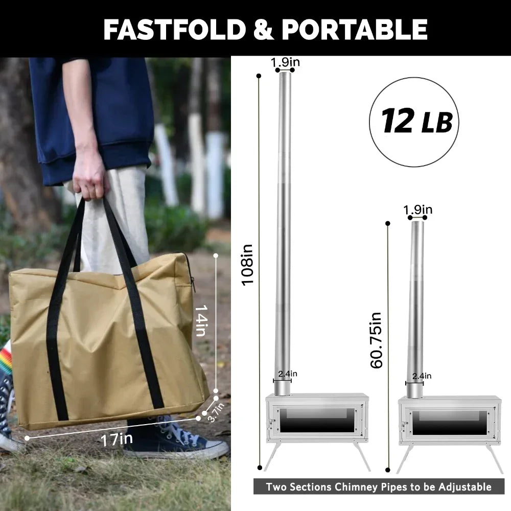 Portable Folding Wood Stove with Chimney Fastfold Tent Stove Silver