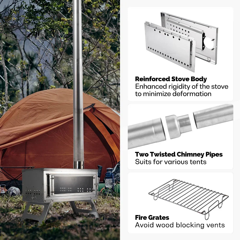 Portable Folding Wood Stove with Chimney Fastfold Tent Stove Silver