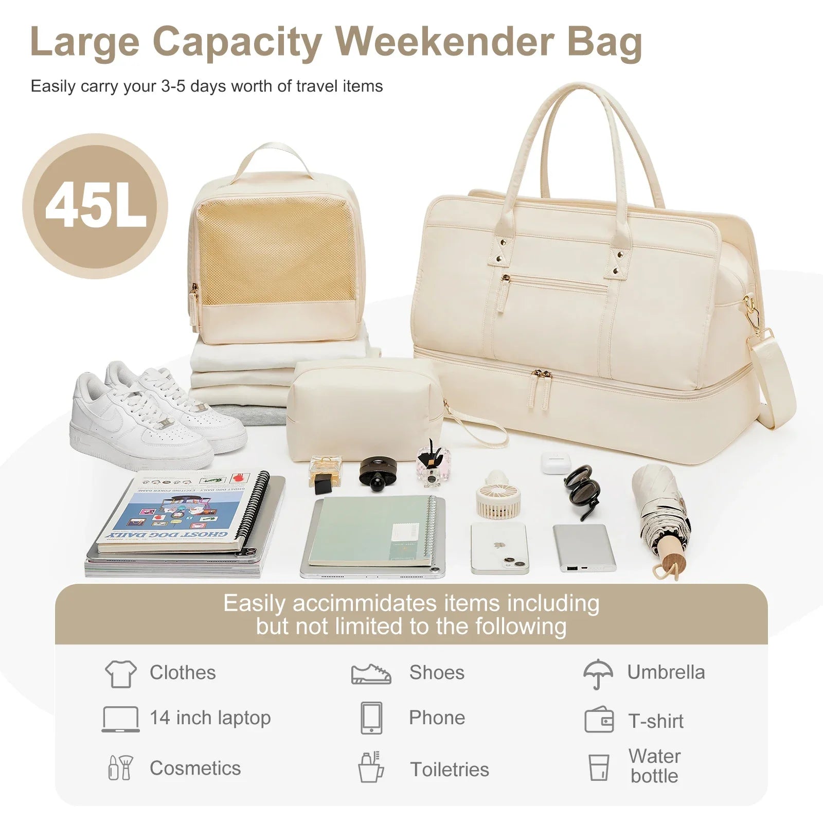 Luggage Travel Bag with Clothes and Toiletry Bag (Beige)
